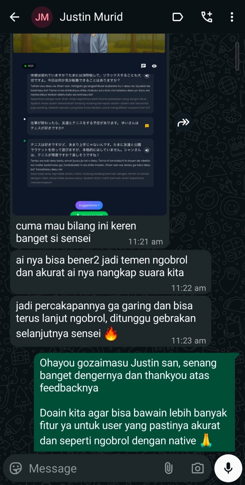 Testimoni murid: jadi lancar pesan makanan dengan feedback